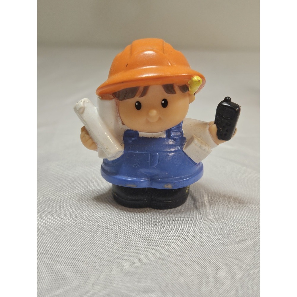 FISHER PRICE LITTLE PEOPLE Construction Worker Blue Prints & Cell Phone Used